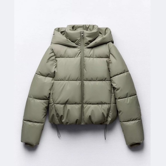 ZARA Green Fitted Hooded Puffer Jacket - Picture 1 of 8